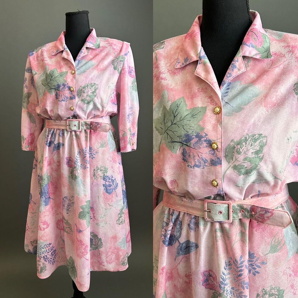 Vintage 1980s Pink Floral A-line Shirtdress, XL